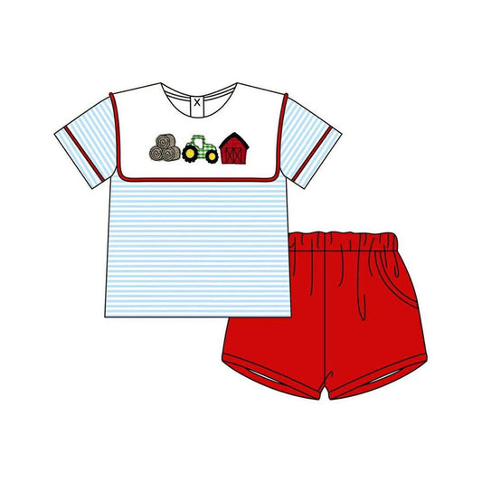 2.27 BSSO1939 Pre order No Moq Cute Casual Clothing For Boys Baby Boys Truck House Stripe Top Pockets Shorts Farm Clothes Sets