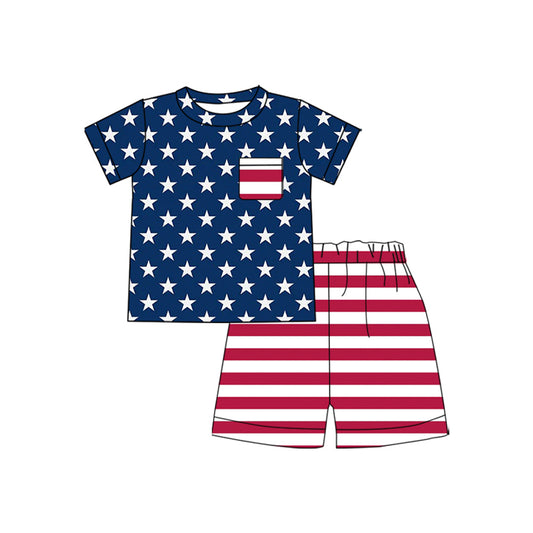 2.28 BSSO1941 Pre order No Moq Cute Kids Clothing Baby Boys Summer Stars Pocket Top Stripe Short 4th of July Clothes Sets