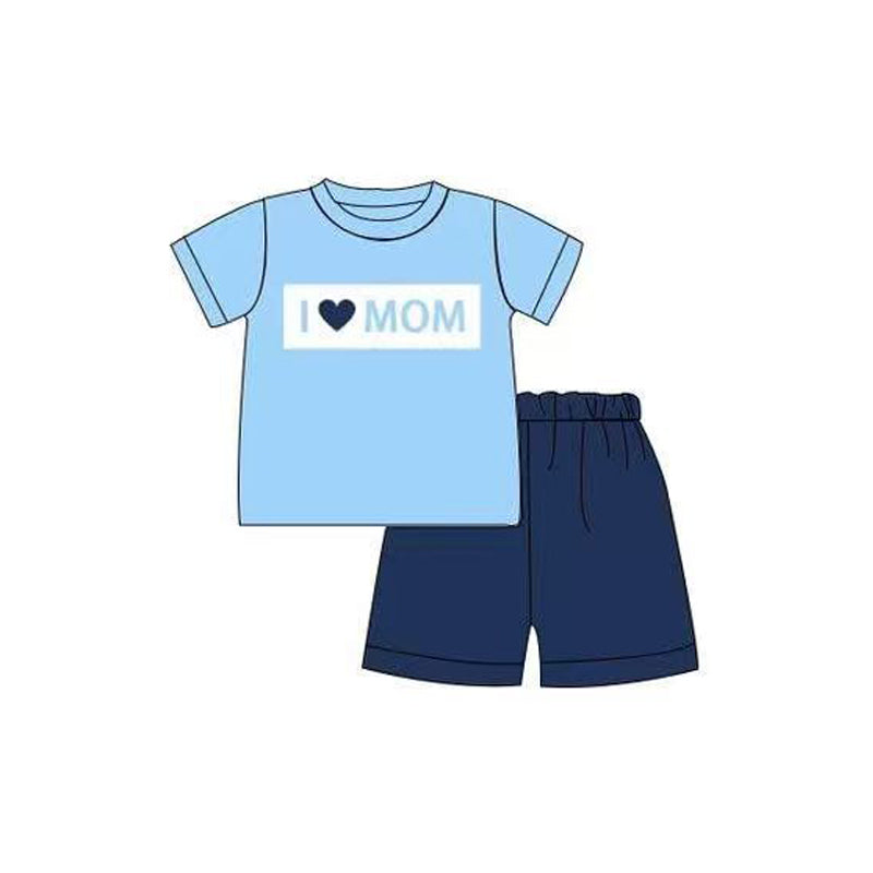 2.28 BSSO1942 Pre order No Moq Cute Clothing For Boys Summer Blue I Love Mom Top Short Clothes Sets