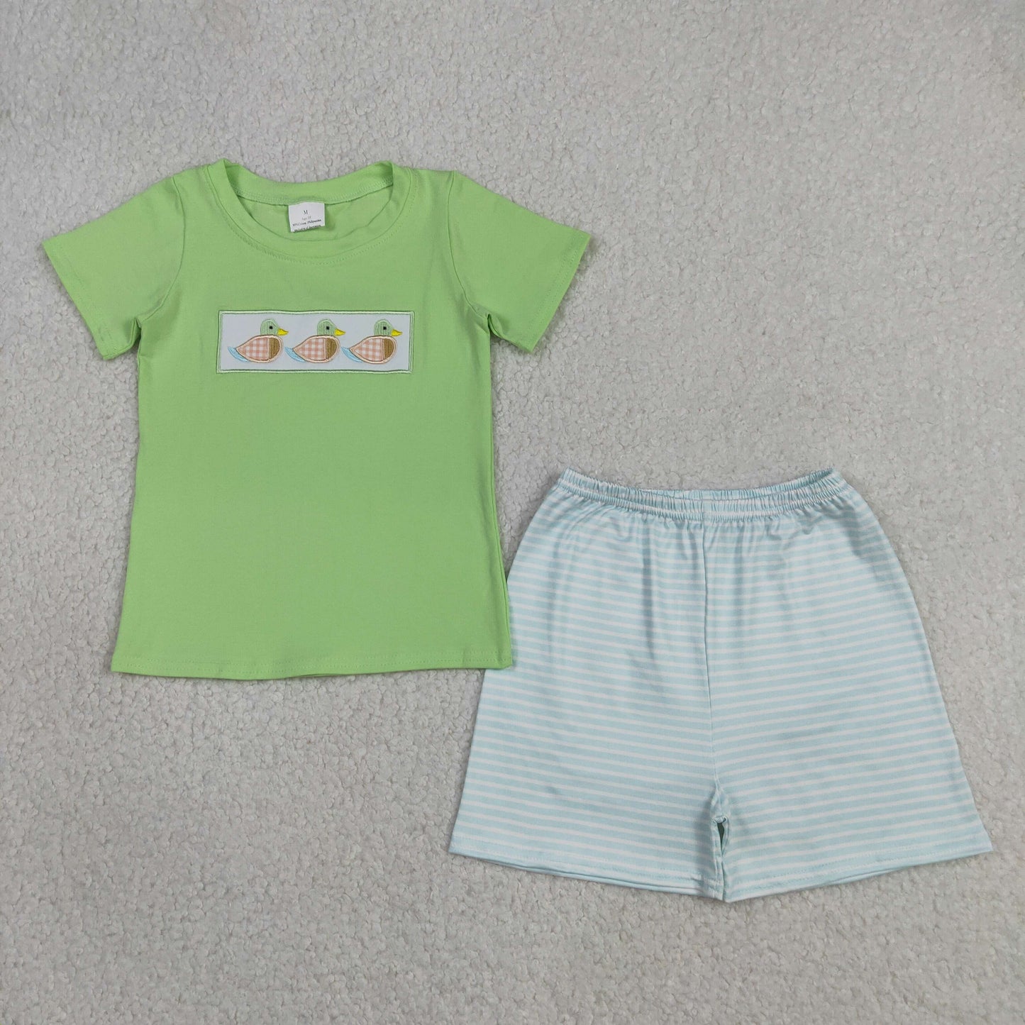 RTS Sibling Short sleeves duck embroidery top stripe shorts boys and girls outfits and romper