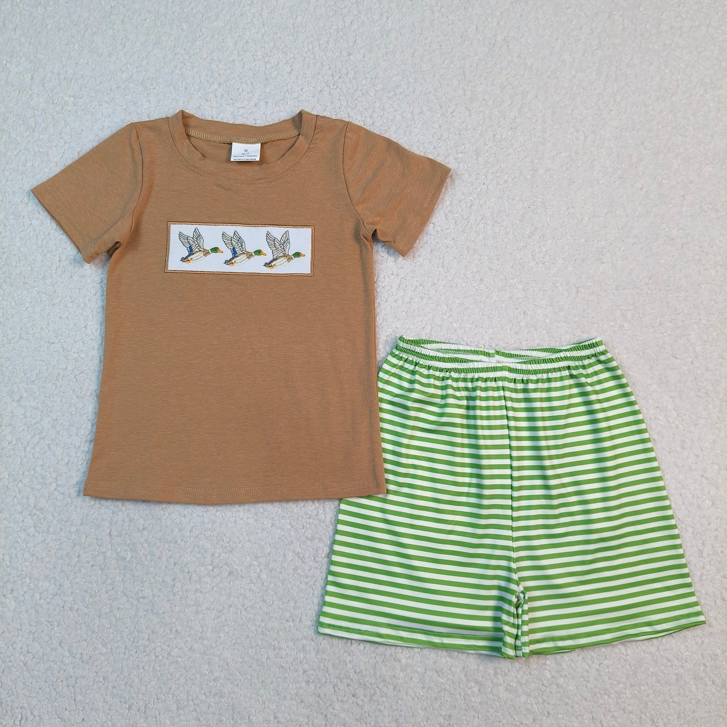 BSSO1947 RTS NO MOQ （In stock ）Brown duck embroidery top stripe shorts kids boys outfits
