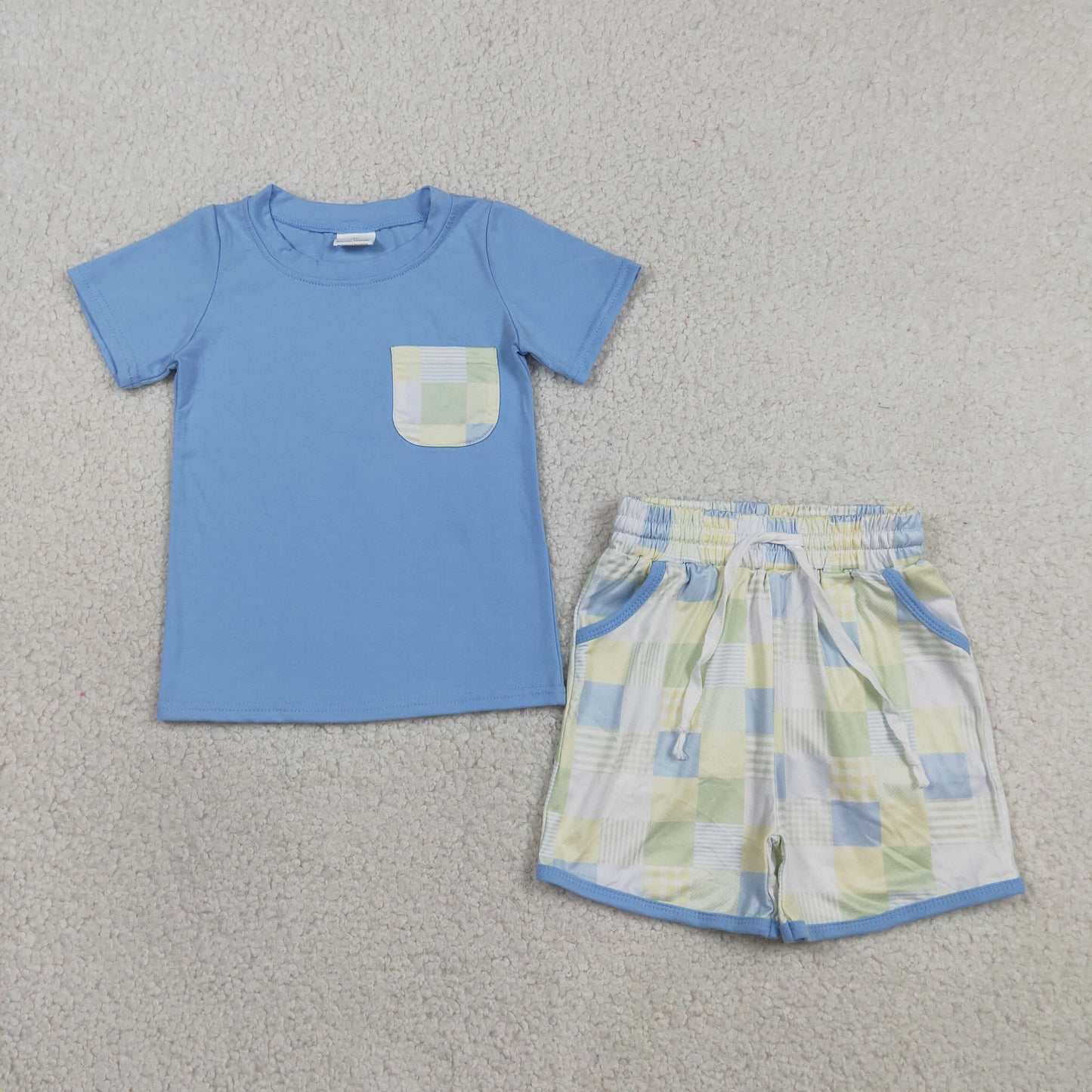 BSSO1950 RTS NO MOQ （In stock ）Baby Boys Light Blue Short Sleeve Shirt Top Checked Pockets Short Clothes Sets