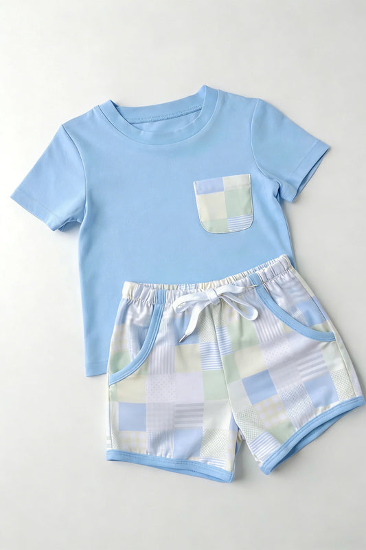 3.3 BSSO1950 Pre order No Moq Cute Clothing For Boys Summer Light Blue Short Sleeve Shirt Top Checked Pockets Short Clothes Sets