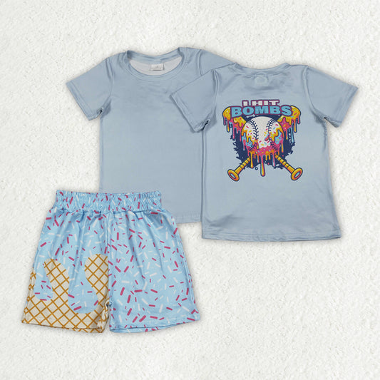 4.8 BSSO1951 RTS NO MOQ （In stock ）Baby Boys Light Blue Bombs Top  Short Team Clothes Sets
