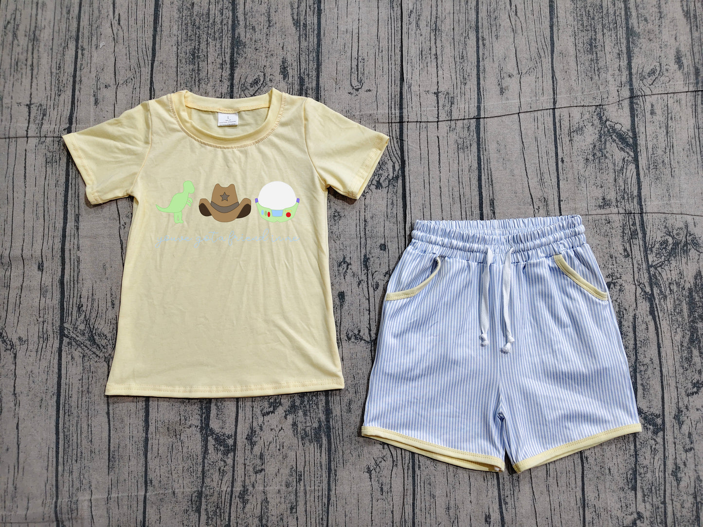 3.23 BSSO1968 Sample No Moq Summer Baby Boys Short Sleeve Dinosaur Hats Top Stripe Pockets Short Hunting Clothes Sets