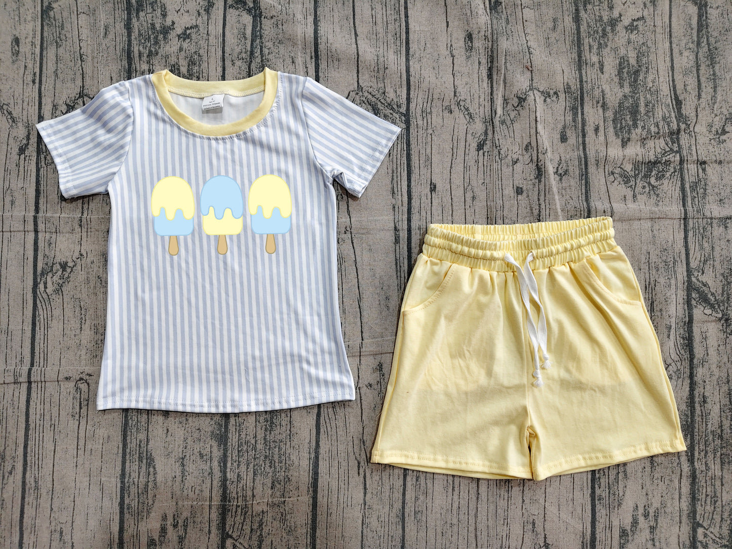 4.25 BSSO1975 Sample No Moq Baby Boys Blue Stripe Popsicle Top Pockets Short Clothes Sets