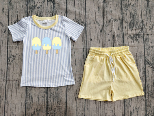4.25 BSSO1975 Sample No Moq Baby Boys Blue Stripe Popsicle Top Pockets Short Clothes Sets