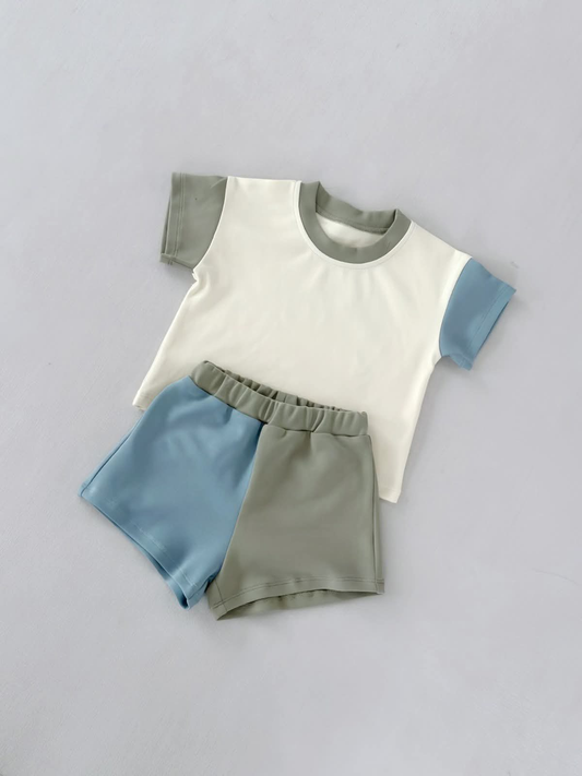3.9 BSSO1976 Pre order No Moq Cute Clothing For Boys Summer Grey Blue Patchwork Top Short Pajamas Clothes Sets