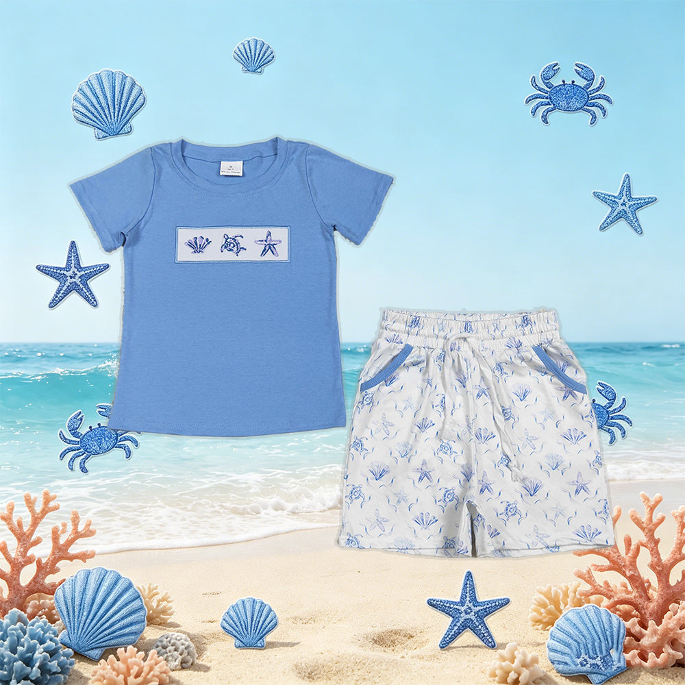 BSSO1979 RTS NO MOQ （In stock ）Turtle shell starfish embroidery top shorts kids boys outfits