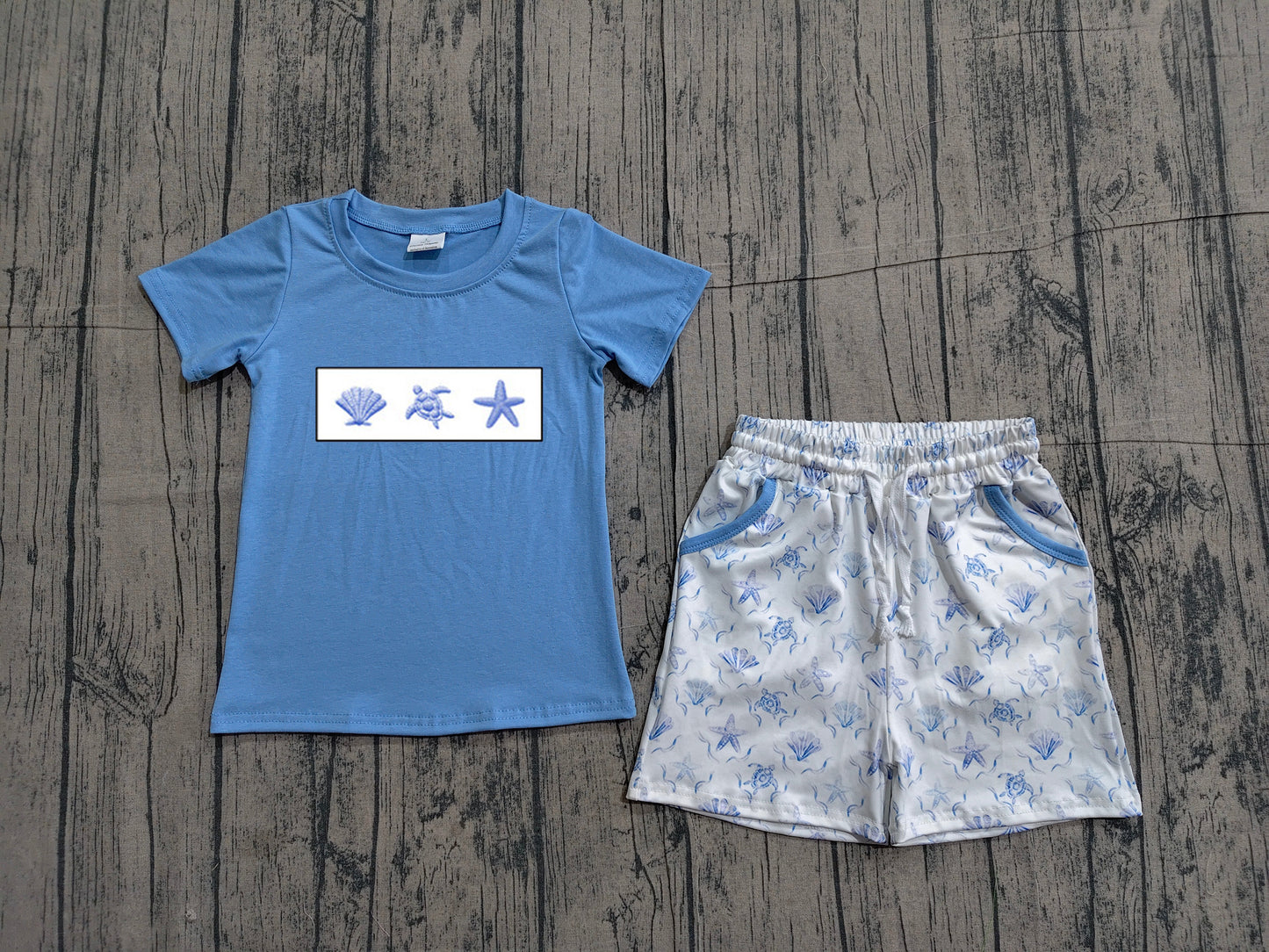 3.23 BSSO1979 Sample No Moq Summer Baby Boys Short Sleeve Embroidery Shell Starfishes Shirts Top Pockets Short Clothes Sets