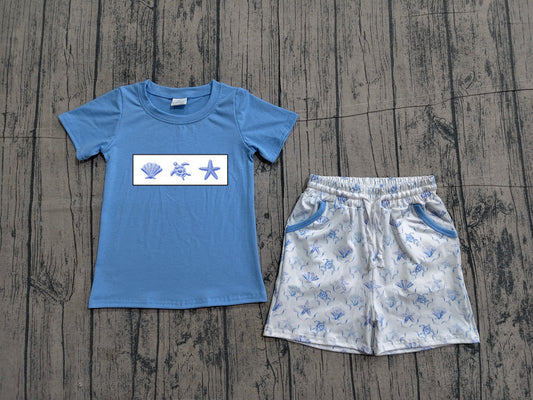 3.23 BSSO1979 Sample No Moq Summer Baby Boys Short Sleeve Embroidery Shell Starfishes Shirts Top Pockets Short Clothes Sets