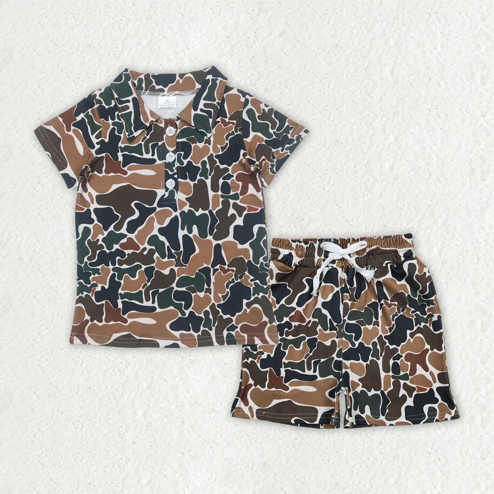 3.20 RTS Sibling Baby Boys Southern Camo Button Polo Shirts Top Pockets Short Clothes Sets