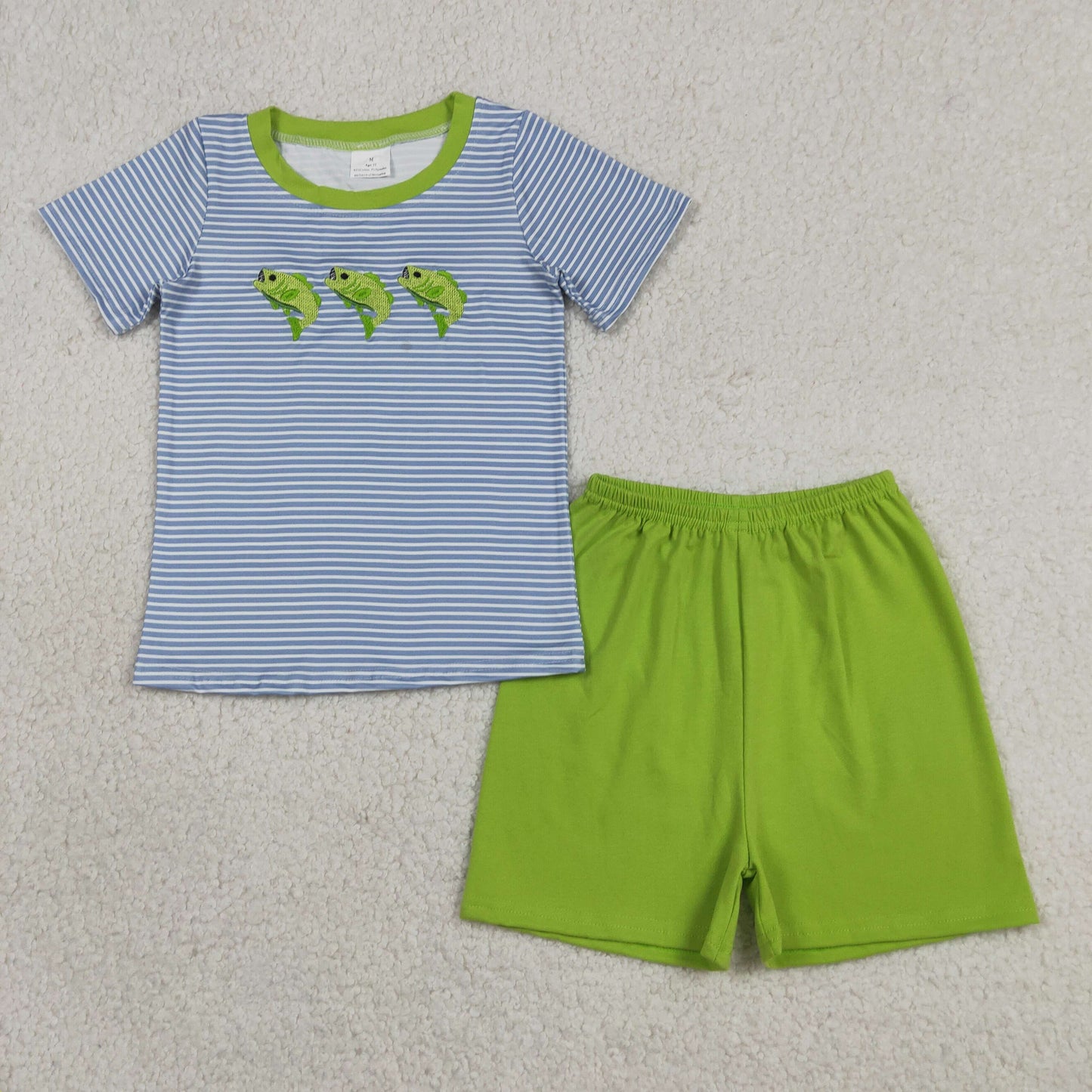 RTS NO MOQ Sibling Embroidery Fishes Baby Boys Short Sleeve Stripe Top Short Hunting Clothes Sets and romper