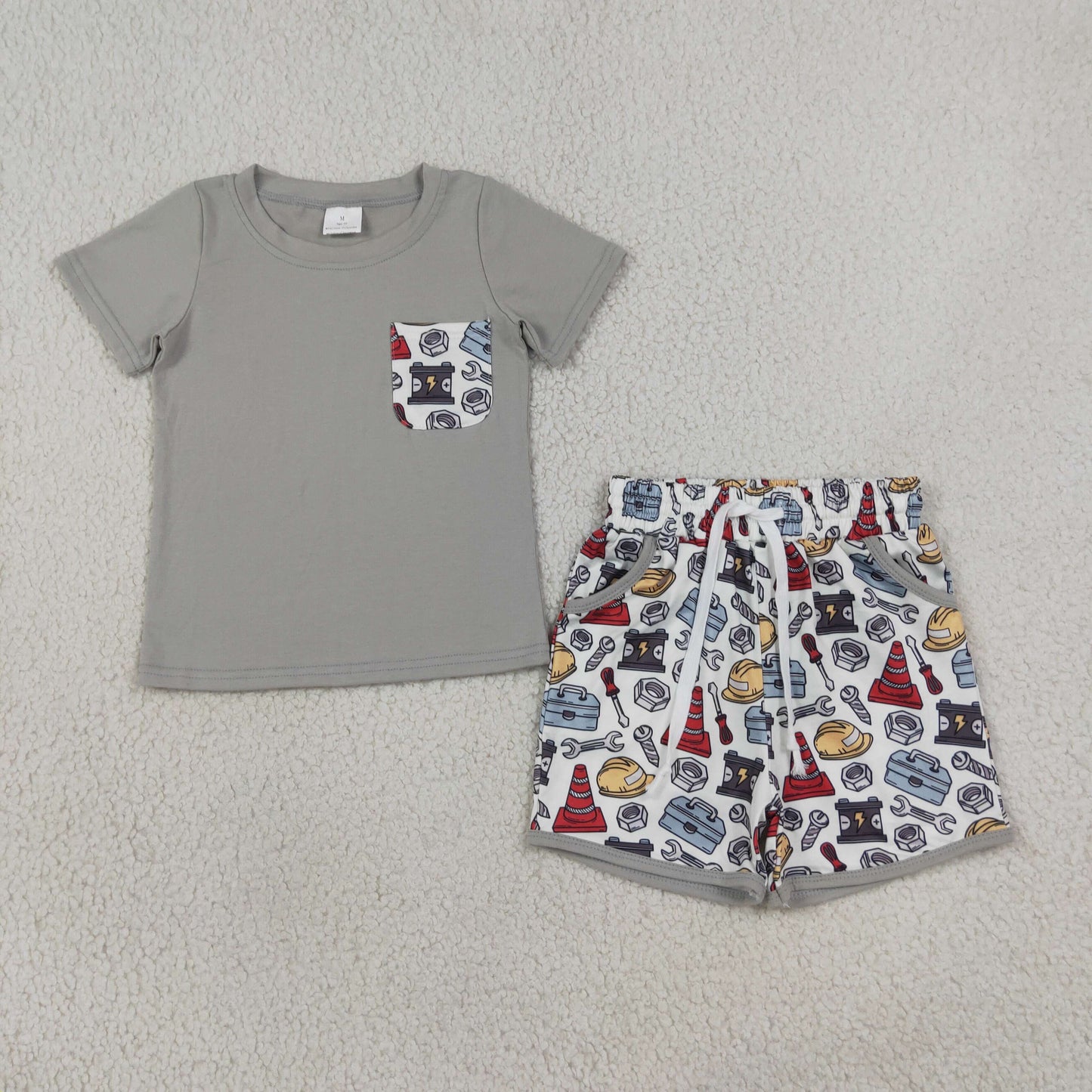 RTS NO MOQ （In stock）BSSO2005 Baby Boys Mechanic Tools Crew Neck Pocket Tee Elastic Waist Shorts Set
