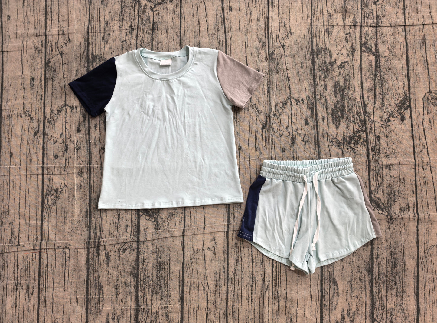 6.2 BSSO2013 Sample No Moq Blue Patchwork Short Sleeve Shirt Top And Shorts Two Piece Clothes Set For Baby Boys