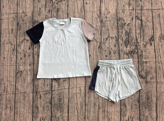 6.2 BSSO2013 Sample No Moq Blue Patchwork Short Sleeve Shirt Top And Shorts Two Piece Clothes Set For Baby Boys
