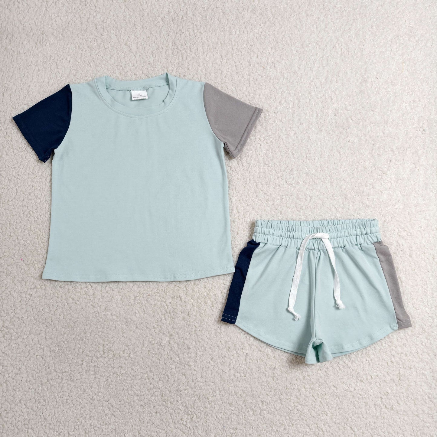 BSSO2013 RTS NO MOQ （In stock ）Baby Boys Blue Patchwork Short Sleeve Shirt Top Short Clothes Set