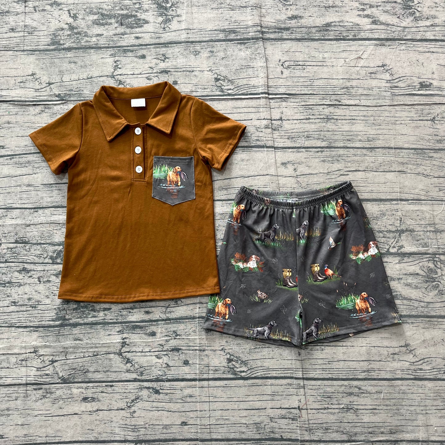 5.4 BSSO2014 Sample No Moq Baby Boys Button Pocket Polo Shirt Top Duck Dogs Short Hunting Clothes Set