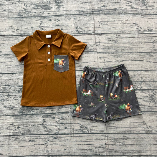 5.4 BSSO2014 Sample No Moq Baby Boys Button Pocket Polo Shirt Top Duck Dogs Short Hunting Clothes Set