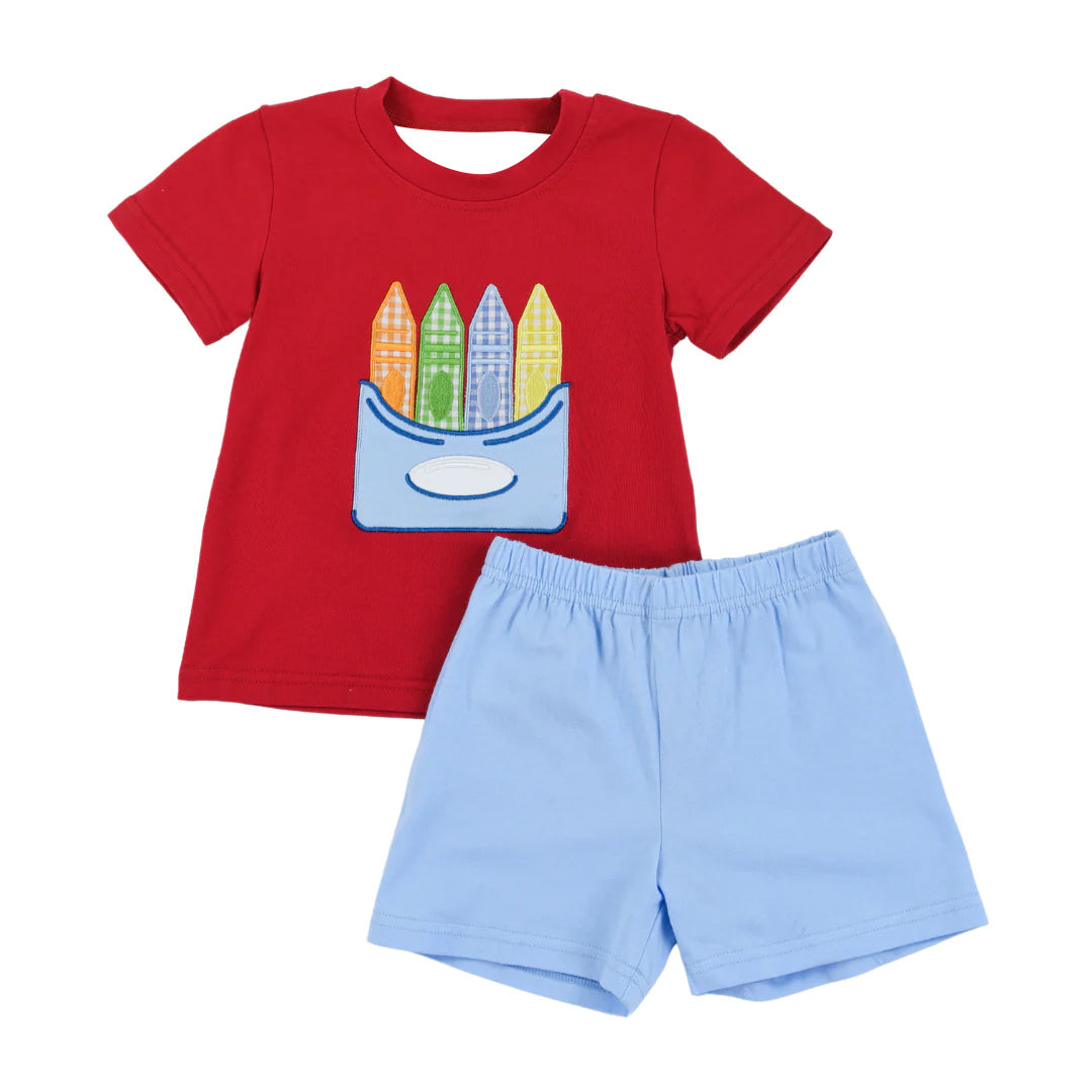 4.7 Pre order No Moq Baby Girls boys Pencils Tunic Scallop Short Back to School Clothes Set
