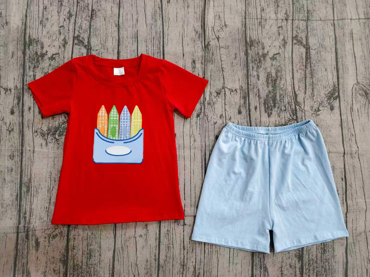 4.18 BSSO2023 Sample No Moq Embroidery Pencils Baby Boys Shirt Top Short Back to School Clothes Set