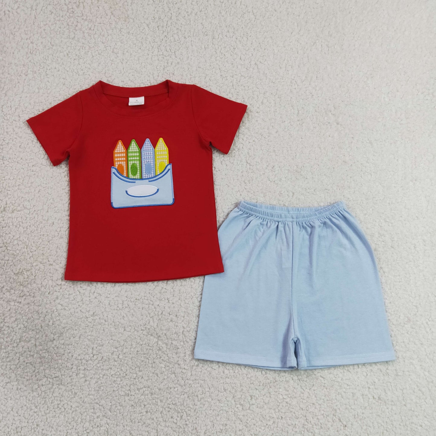 RTS Sibling Baby Boys Embroidery Pencil Print Short Sleeve Shirt Top And Shorts Two Piece Back To School Clothes Set（2T-14-16T）