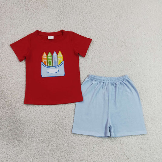 7.4 BSSO2023 RTS NO MOQ （In stock）Embroidery Pencils Baby Boys Shirt Top Short Back to School Clothes Set