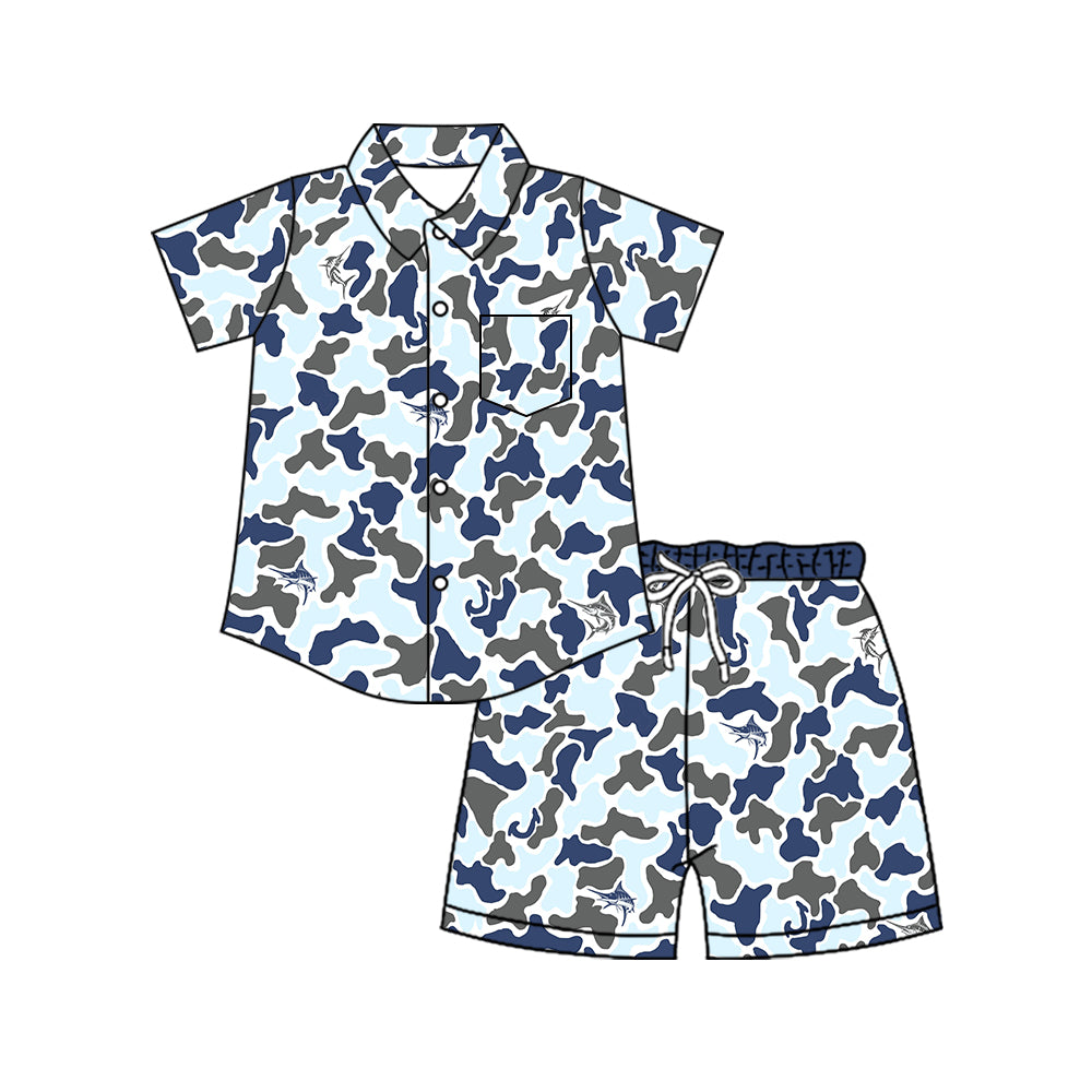 4.8 Pre order No Moq Baby Boys Southern Camo Sharks Button Pocket Top Short Hunting Clothes Set