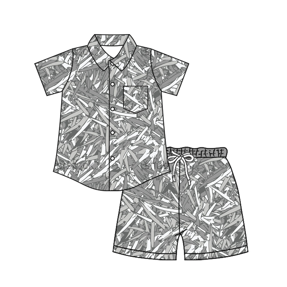 4.8 Pre order No Moq Baby Boys Southern Camo Sharks Button Pocket Top Short Hunting Clothes Set