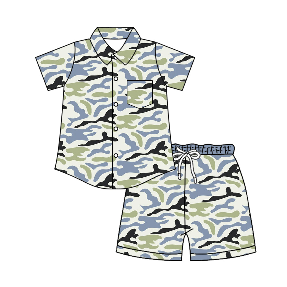 4.8 Pre order No Moq Baby Boys Southern Camo Sharks Button Pocket Top Short Hunting Clothes Set