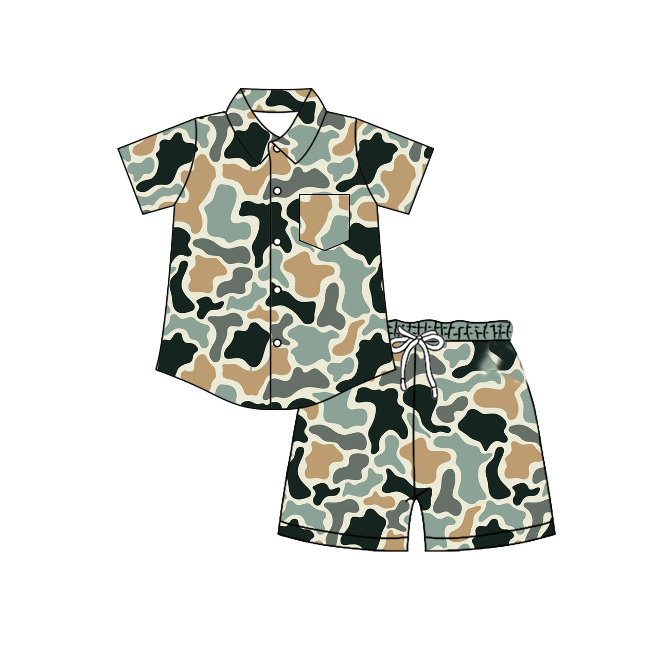4.8 Pre order No Moq Baby Boys Southern Camo Sharks Button Pocket Top Short Hunting Clothes Set