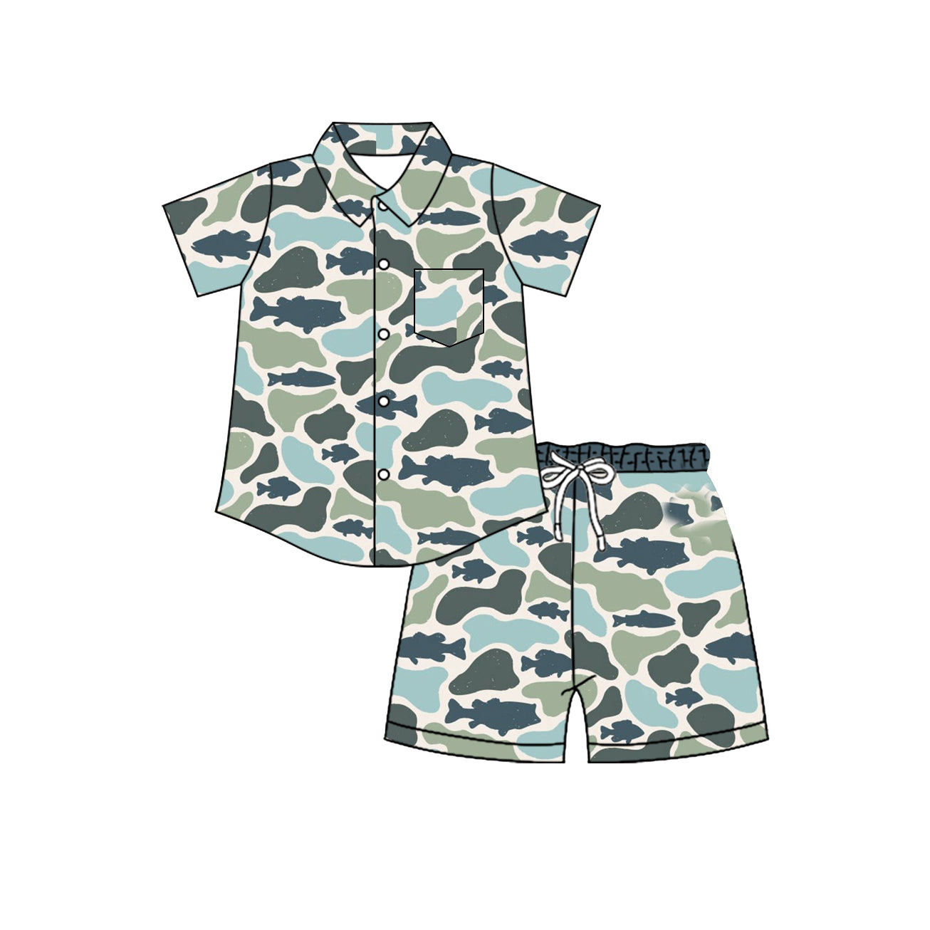 4.8 Pre order No Moq Baby Boys Southern Camo Sharks Button Pocket Top Short Hunting Clothes Set