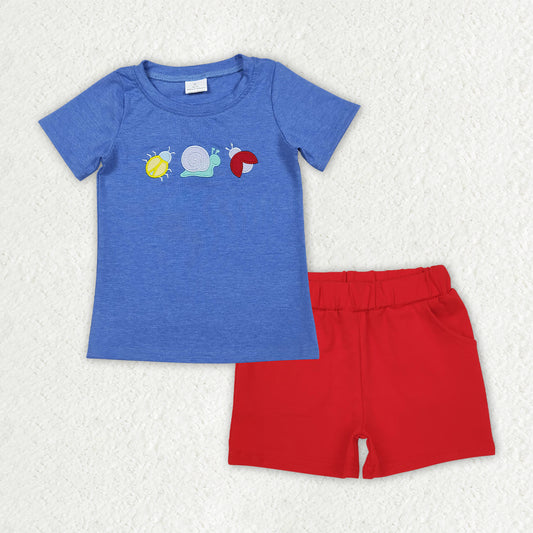 BSSO2031 （BT1725+SS0270） RTS NO MOQ （In stock ）Blue snail embroidery top shorts kids boys outfits