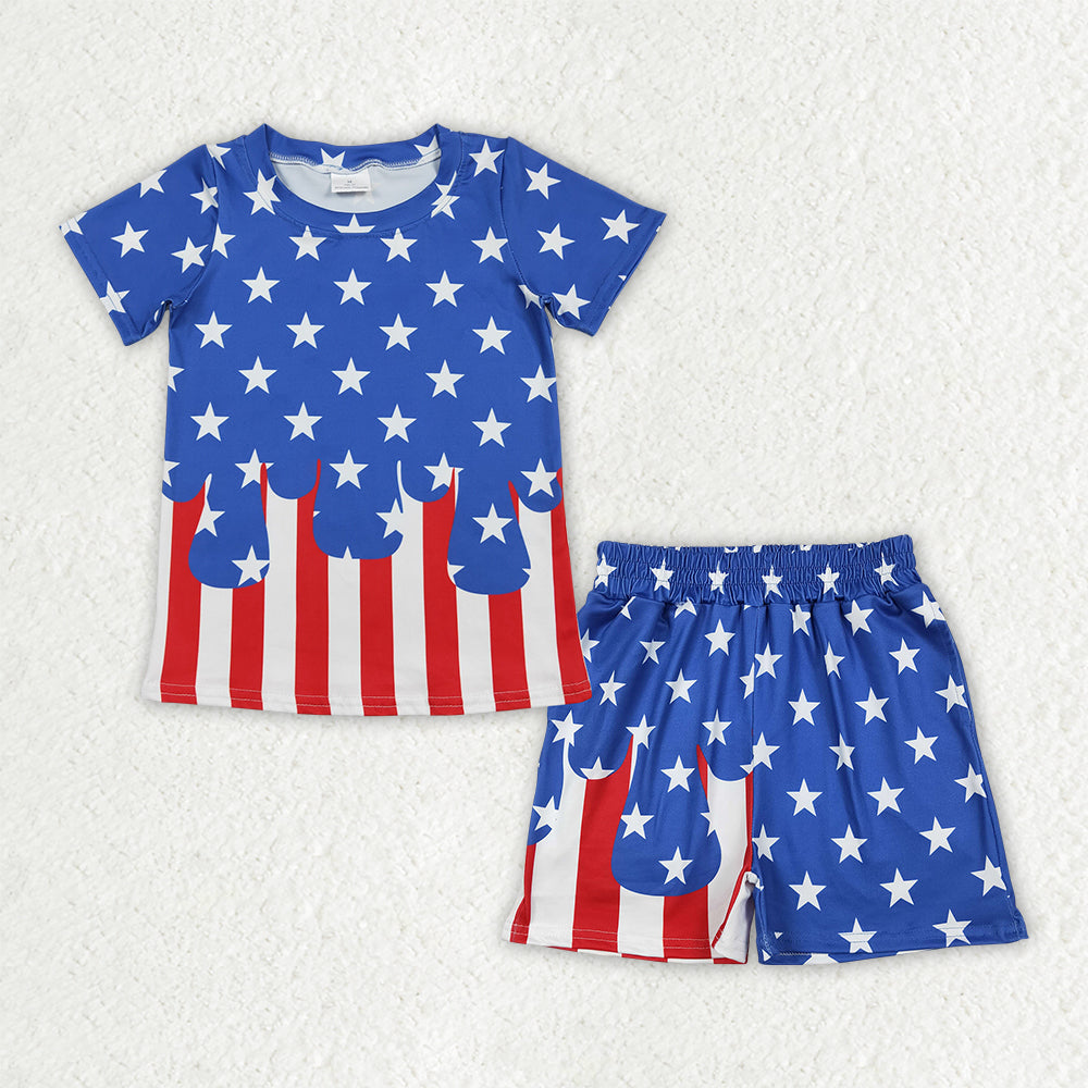 BSSO2040（BT1741+SS0861） RTS NO MOQ （In stock ）Sibling Baby Kids Stars Stripe Top Shorts 4th of July Clothes Set