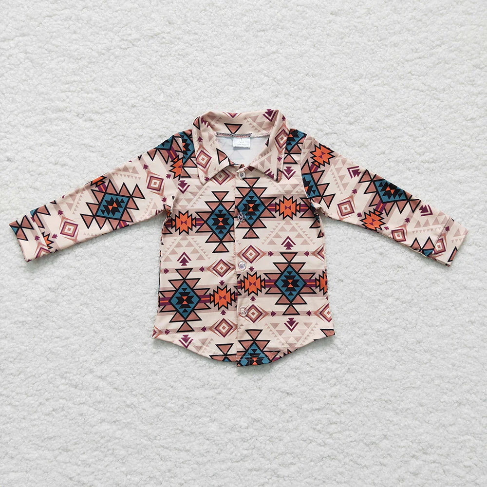 11.26 RTS Sibling Baby Boys Western Aztec Button Shirt Top Two Way Zipper Footed Rompers