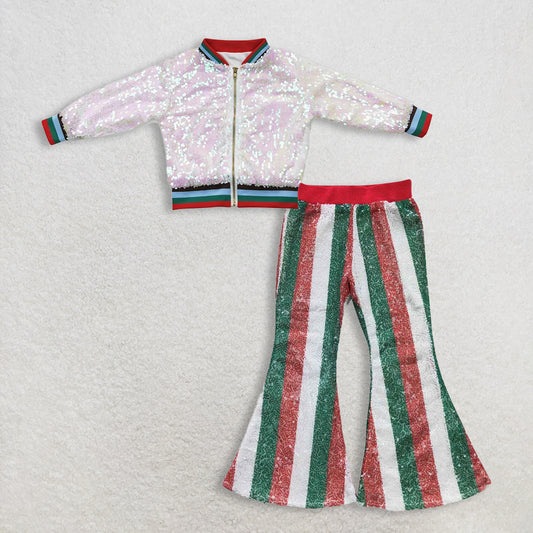 12.3. RTS NO MOQ （In stock）BT0294 + P0199 Baby Girls White Color Long Sleeve Sequin Jackets Sequin Bell Bottom Pants