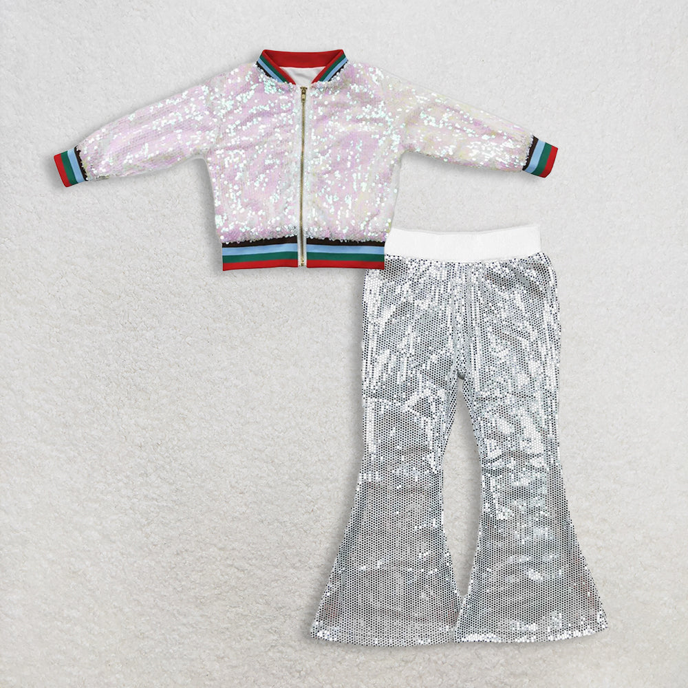 12.3. RTS NO MOQ （In stock）BT0294 + P0496 Baby Girls White Color Long Sleeve Sequin Jackets Sequin Bell Bottom Pants