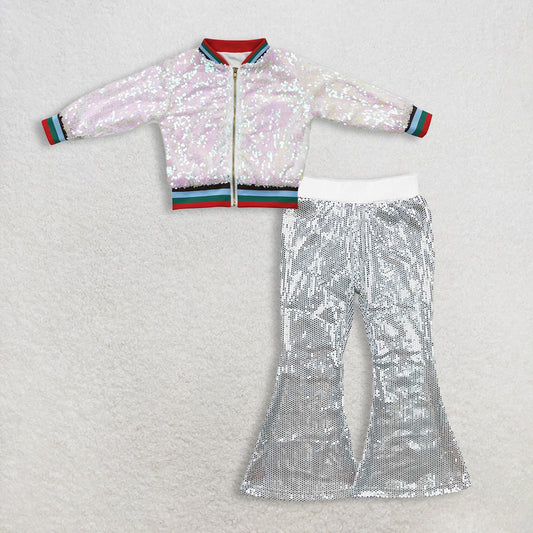12.3. RTS NO MOQ （In stock）BT0294 + P0496 Baby Girls White Color Long Sleeve Sequin Jackets Sequin Bell Bottom Pants