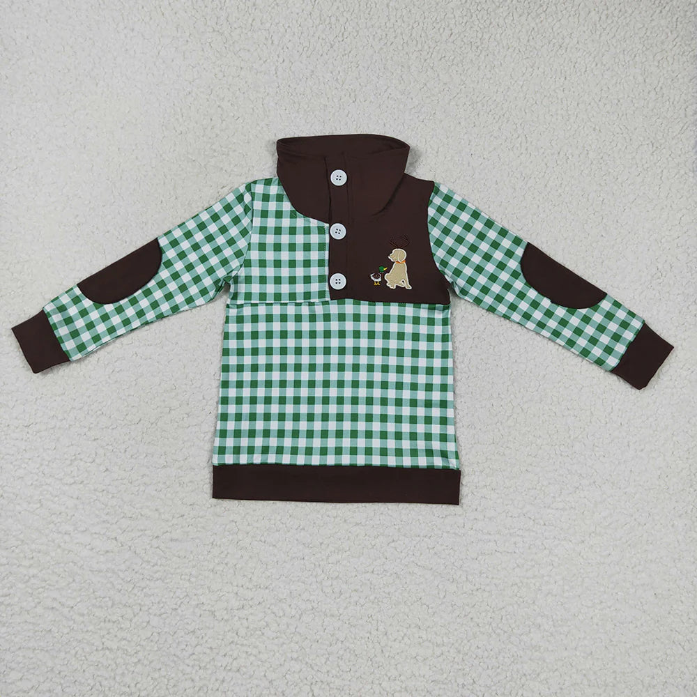 1.15 RTS Sibling Girls Baby Boys Hunting Green Checkered Pullover Tee Shirt Tops