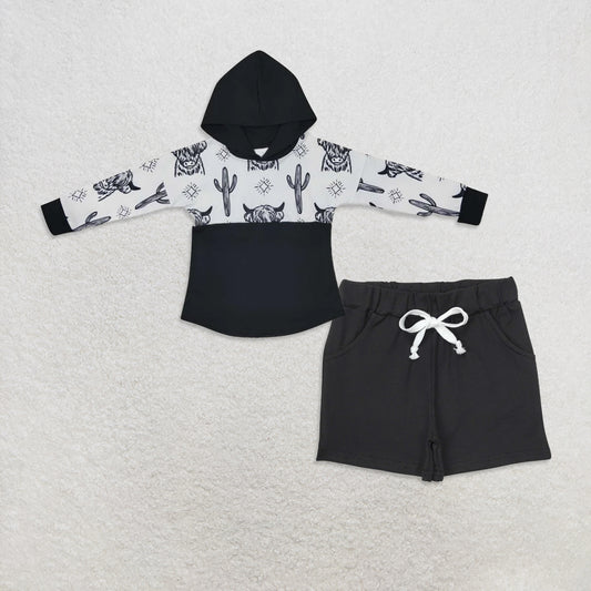 10.1 RTS NO MOQ （In stock）BT0318 + SS0137 Baby Boys Highland Cow Cactus Hooded Long Sleeve Shirt Tops Pockets Cotton Bottoms Shorts