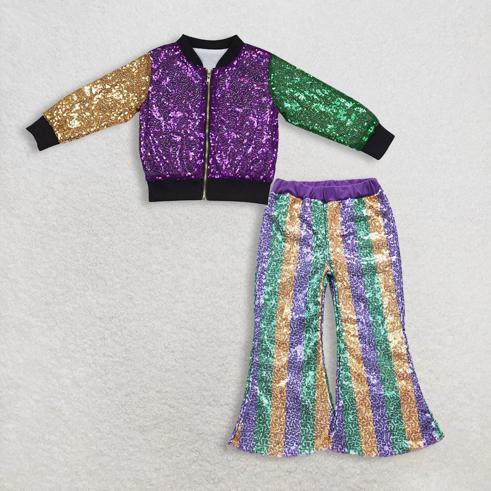 12.3. RTS NO MOQ （In stock）BT0451 + P0277 Baby Girls Mardi Gras Purple Long Sleeve Sequin Jackets Sequin Bell Bottom Pants