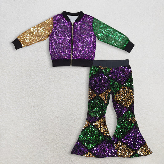 12.4 RTS NO MOQ （In stock）BT0451 + P0359 Baby Girls Mardi Gras Purple Long Sleeve Sequin Jackets  Sequin Sparkle Bell Bottom Pants