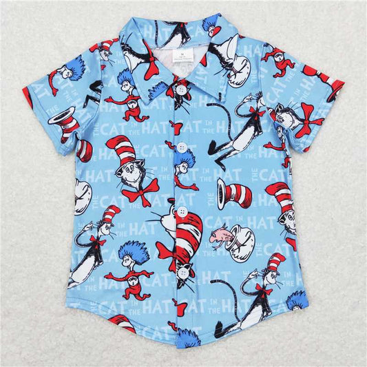 2.10 RTS NO MOQ （In stock）BT0491  Kids Fashion Clothing Baby Boys Blue Cat Hat Fish Buttons Short Sleeve Tee Shirts