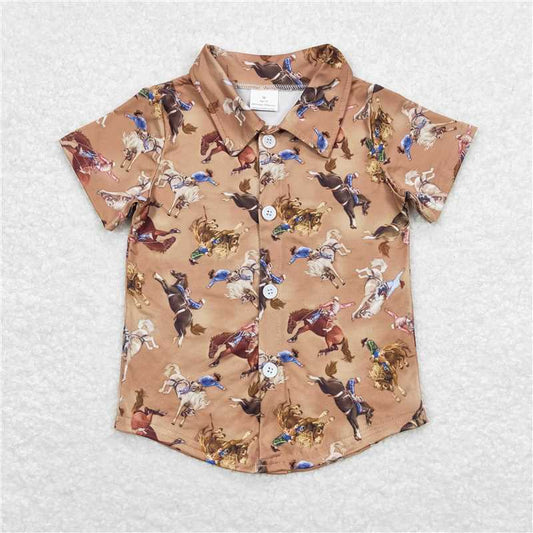 USA Warehouse (IN STOCK) BT0525 Boys Western Button down Shirt Short Sleeves Horse Rodeo Theme Casual Top for Kids