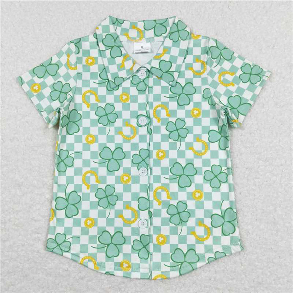 BT0543 RTS NO MOQ Green plaid clover boys st patrick's button down shirt
