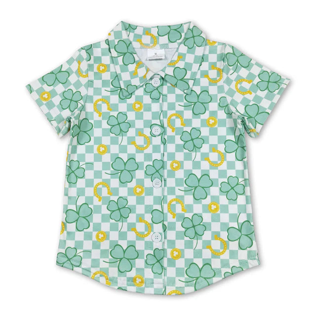 5.15 RTS NO MOQ （In stock）BT0543+SS0078 Green plaid clover boys button down shirt outfits