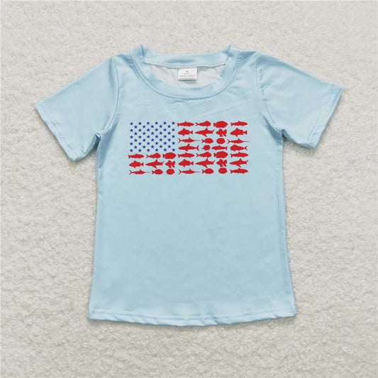 BT0614Short sleeves stars fish flag boys 4th of july shirt