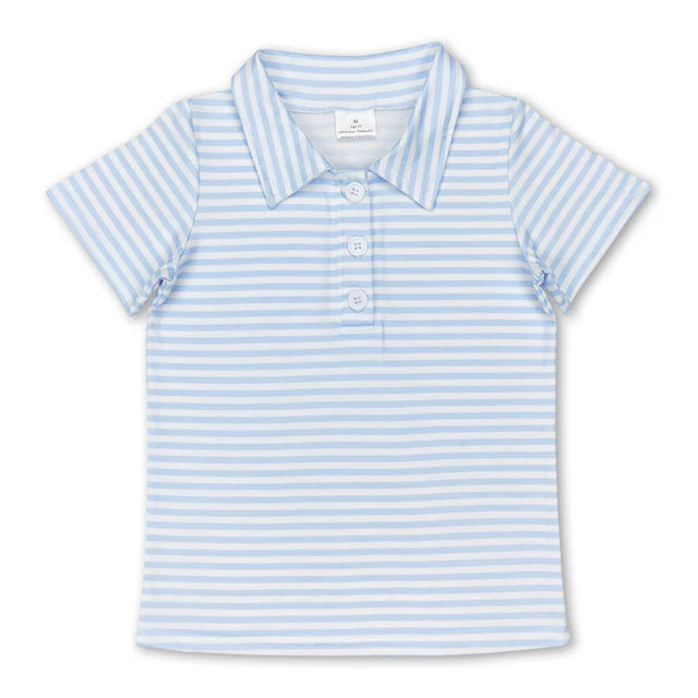 5.14 RTS NO MOQ （In stock）BT0653+SS0353 Short sleeves light blue stripe kids boys polo shirt outfits