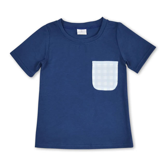 5.14 RTS NO MOQ （In stock）BT0705+SS0136 Short sleeves plaid pocket blue kids boys shirt outfits