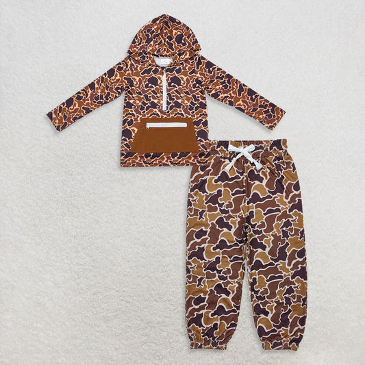 9.26 RTS NO MOQ （In stock）BT0746 + P0669 Baby Boys Brown Camo Hooded Zip Fall Pullovers Tops Bottoms Jogger Pants